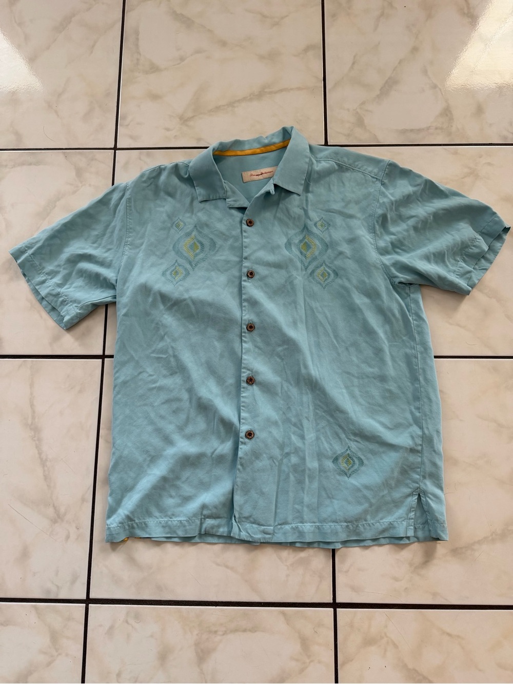 Tommy Bahama Teal Short-Sleeve Button-Down silk with Embroidered Diamonds